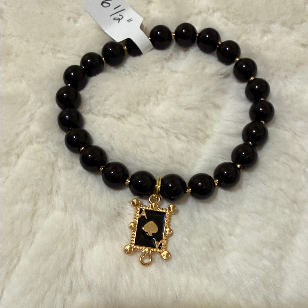 NWOT Elegant Black Jasper Beaded Bracelet with Gold tone Charm, Ace of Spades